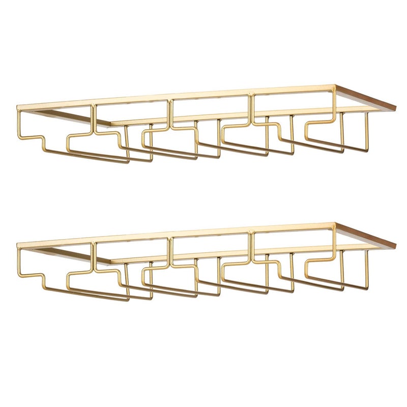 FOMANSH Wine Glass Rack - Under Cabinet Stemware Wine Glass Holder Glasses Storage Hanger 2 Pack Metal Organizer for Bar Kitchen Gold - Image 1